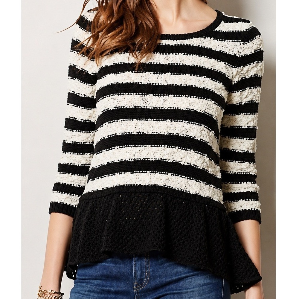 Anthropologie Knitted & Knotted Black White Striped‎ Peplum Sweater Size Medium